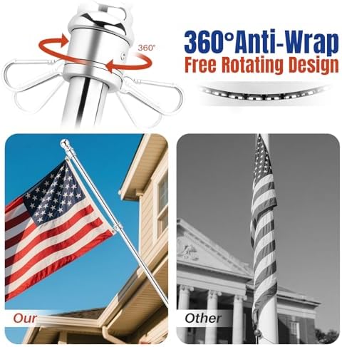 Stainless Steel Flag Pole Kit, 6Ft Thickened Flagpole Wall Flag Holder with Non Tangle Flagpole Spinners for Outside House,Two-Position Residential Wall Mount Flag Poles Accessories,Flag Stick(Silver)