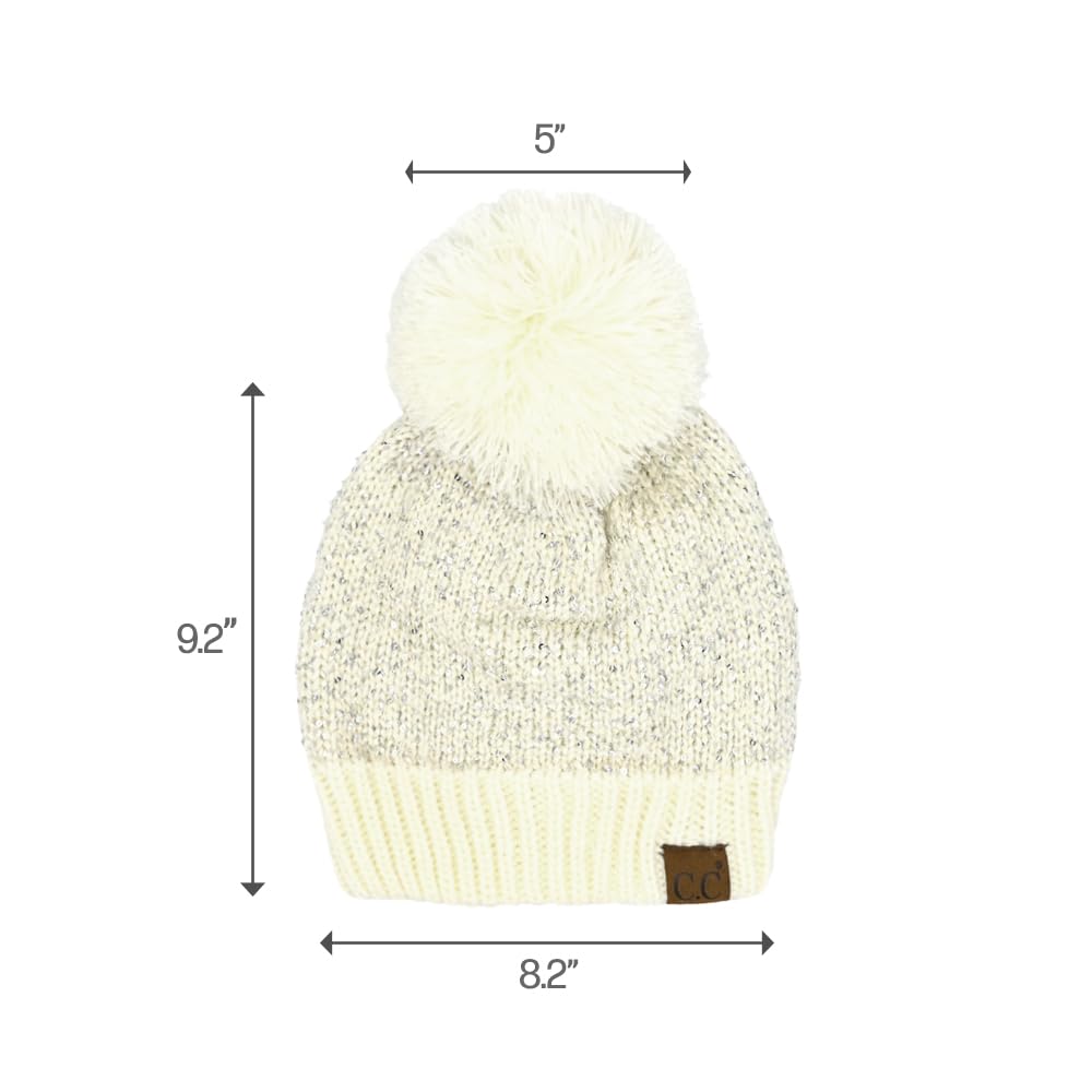 C.C Sequin Pom Beanie for Women - Acrylic Stretchable Soft Warm with Pom Knit Winter Skully Hat (Ivory/Silver)