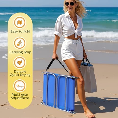 WLIVE Beach Chair for Adults, 4-Position Folding Tanning Chairs with Face Hole, 2 Legs Support Portable Outdoor Chair for Beach, Pool, Blue