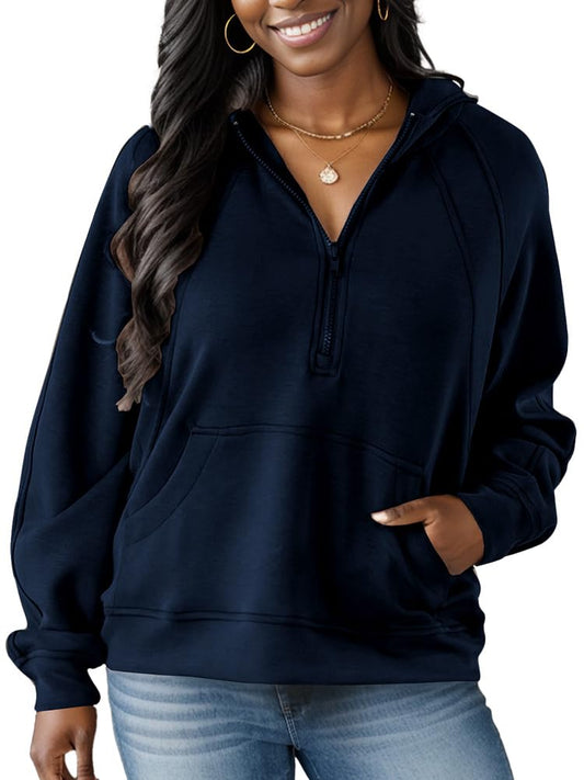 Nimsruc Half Zip Up Hoodies For Women Casual Sweatshirt Long Sleeve Quarter Zip Pullover Dark Blue XL