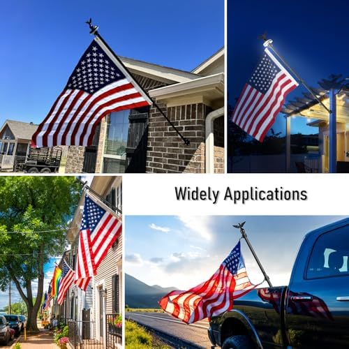 5FT Black Flag Pole Kit for Outside House with American Flag & Solar Light,1" Thickened Stainless Steel Wall Mount Flagpole with 180°Adjustable Bracket for Residential Outdoor Porch