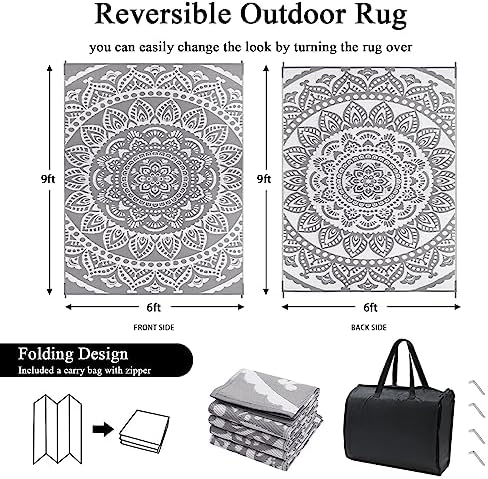 Bsmathom Waterproof Outdoor Rug 6'x9' Reversible Boho Plastic Straw Patio Deck Camping Rugs, Indoor Outdoor Portable RV Mat Clearance Carpet for Outside, Porch, Balcony, Backyard, Beach, Pool,Grey