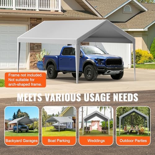 VEVOR Carport Replacement Canopy Cover 10 x 20 ft, Garage Top Tent Shelter Tarp Heavy-Duty Waterproof & UV Protected, Easy Installation with Ball Bungees,Grey (Only Top Cover, Frame Not Include)