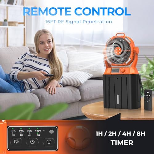 20000mAh Misting Fan with 6L Bucket & 4 Spray Misters, Waterproof Outdoor Cooling Fan for Camping/Patios - Remote Control, 4 LED Light, Stepless Speed & 56H Runtime, Rechargeable Battery, Hanging Hook