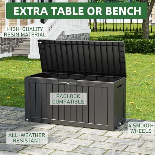 NUNU LAB 75 Gallon Outdoor Storage Box,Large Resin Sturdy Deck Box, Backyard Outside Storage Box Waterproof with Double Wall Panels,Package Delivery Garden Hose Storage Bin Outdoor Tool