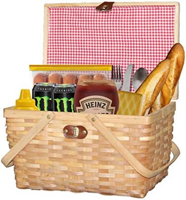 Vintiquewise.com Gingham Lined Woodchip Picnic Basket with Lid and Movable Handles