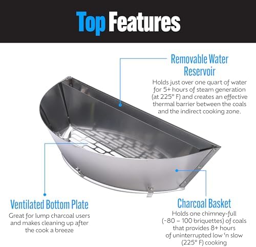 SnS Grills Patented Slow ‘N Sear® Deluxe Insert - Stainless Steel Charcoal Basket with Removeable Water Reservoir for Low ‘N Slow Smoking & Charcoal Grilling on Weber & Other Kettle Grills - 22 in