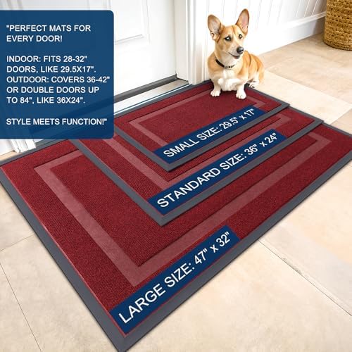 OLANLY Front Door Mat Indoor Outdoor Entrance, Waterproof All-Season, All-Weather Doormat, Sturdy Natural Rubber, Fade Resistant, Low Profile, Easy Clean Patio Porch Entryway Mat, 29.5x17, Wine Red