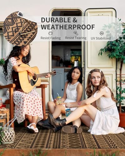 MontVoo-Outdoor Rug Carpet Waterproof 5x8 ft Reversible Patio Rug RV Camping Rug-Plastic Straw Rug Outside Indoor Outdoor Area Rug for Patio Deck Balcony Picnic Beach Outdoor Decor Boho Black Brown