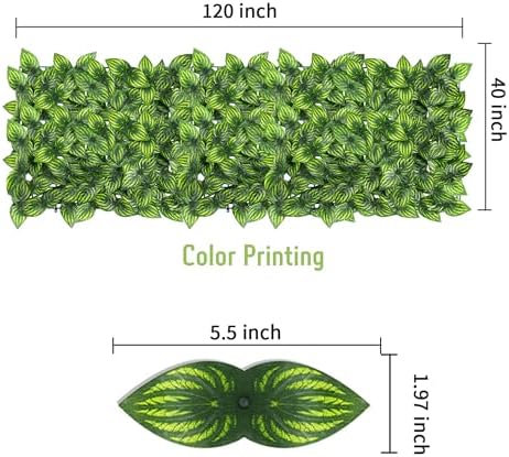Artificial Ivy Privacy Fence Screen, 120x40 Inch Artificial Faux Ivy Hedge, Expandable Faux Privacy Fence with 80 pcs Zip Ties Decoration for Outdoor Garden, Color Printing Watermelon Leaves