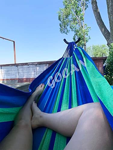Brazilian Double Hammock 2 Person Extra Large 220x160cm Total Length 330cm Load 500lb Canvas Cotton Hammock for Patio Porch Garden Backyard Lounging Outdoor and Indoor(Blue/Green) XXL