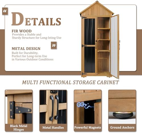 Outdoor Storage Cabinet Waterproof, Outdoor Storage Shed with Shelves, Wood & Metal Patio Backyard Garden Storage Cabinet Tool Organizer for Outside