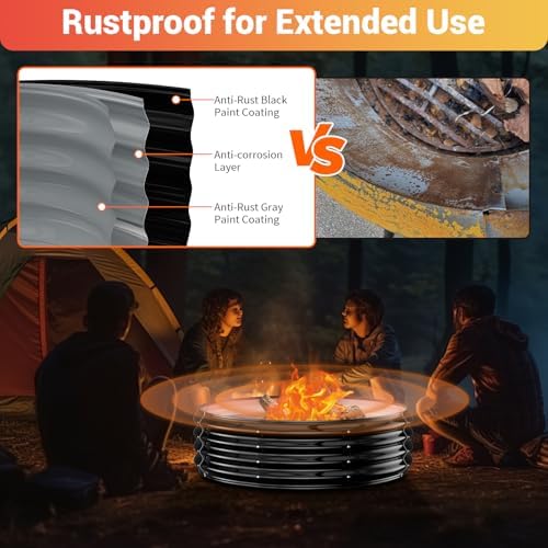 60IN Heavy Duty Fire Pit Ring for Outside - Large Wood Burning Fire Pits&Outdoor Fireplace,High Heat Resistant,12'' Raised,Galvanized Steel Bonfire Pit Portable for Camping,Backyard,Patio