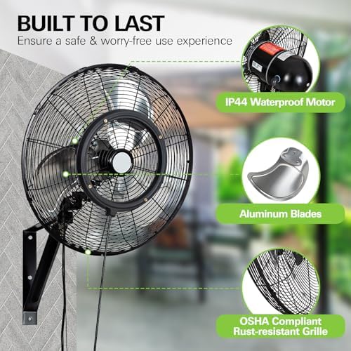 20" Outdoor Misting Wall Fan, 3-Speed High Velocity Industrial Outside Fan, Waterproof Wall Mount Oscillating for Patio Cooling - UL Listed Black