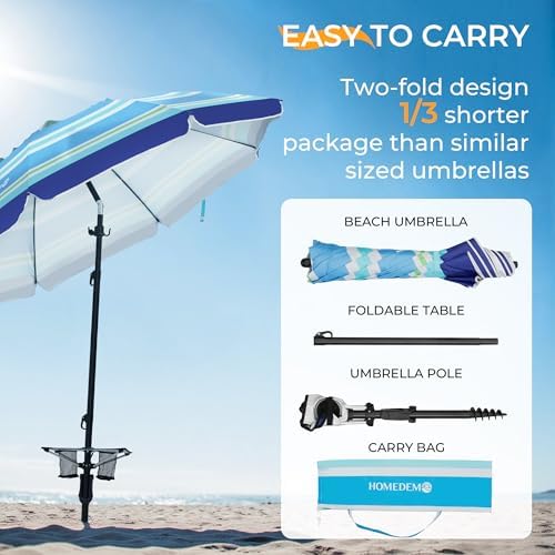 HOMEDEMO Heavy Duty High Wind Beach Umbrella with Sand Anchor,Built-in Table Tray & Tilt Pole&Hook& Curtain, UPF 50+ Windproof Portable Beach Umbrella for Patio Garden Pool Backyard