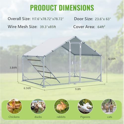 Large Metal Chicken Coop, 10x6.5x6.5FT Chicken Runs for Yard with Cover,