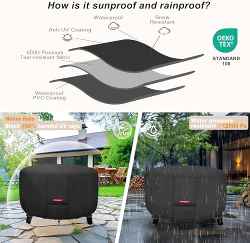 Porch Shield Fire Pit Cover - Waterproof 600D Heavy Duty Fade Resistant Round Patio Fire Bowl Cover Black - 50 inch