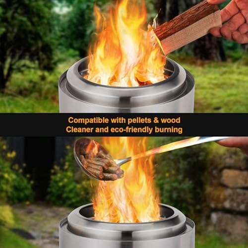 9 x 7 Inch Tabletop Fire Pit by AmazStove, Low Smoke Camping Stove for Outdoor Safe Burning Firepits, Fueled Pellets or Wood, Travel Bag Included, Silver