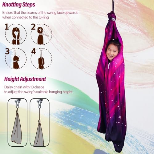 Sensory Swing for Kids & Adults Holds up to 300lbs Indoor & Outdoor Double Layer Therapy Cuddle Swing with 360° Swivel Hanger Kit for Calming, Effect for Autism, ADHD or SPD. (Galaxy Purple)