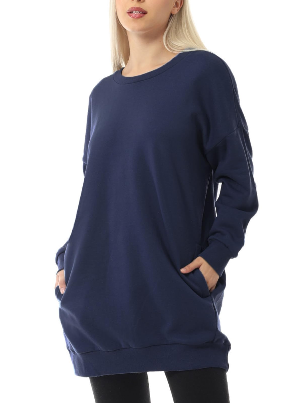 MixMatchy Women's Casual Oversized Crew Neck Fleece Pullover Sweatshirts Tunic Fall Outfits 2023 Y2K Winter Clothes Navy SM