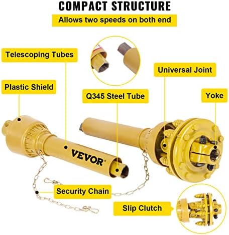 VEVOR PTO Shaft, 1-3/8" PTO Drive Shaft, 6 Spline Both Ends PTO Driveline Shaft, Series 4 Tractor PTO Shaft, 31.5"-41" Brush Hog PTO Shaft, Yellow PTO Shaft w/Slip Clutch for Bush Hog/Finish Mower