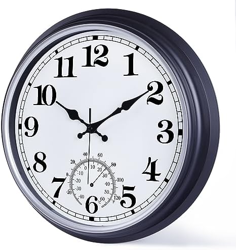 QWARVEL 16 Inch Large Outdoor Clock, Retro Waterproof Indoor/Outdoor Clock Non-Ticking Clock with Thermometer, Battery Operated Wall Clock for Patio, Garden, Pool - Black