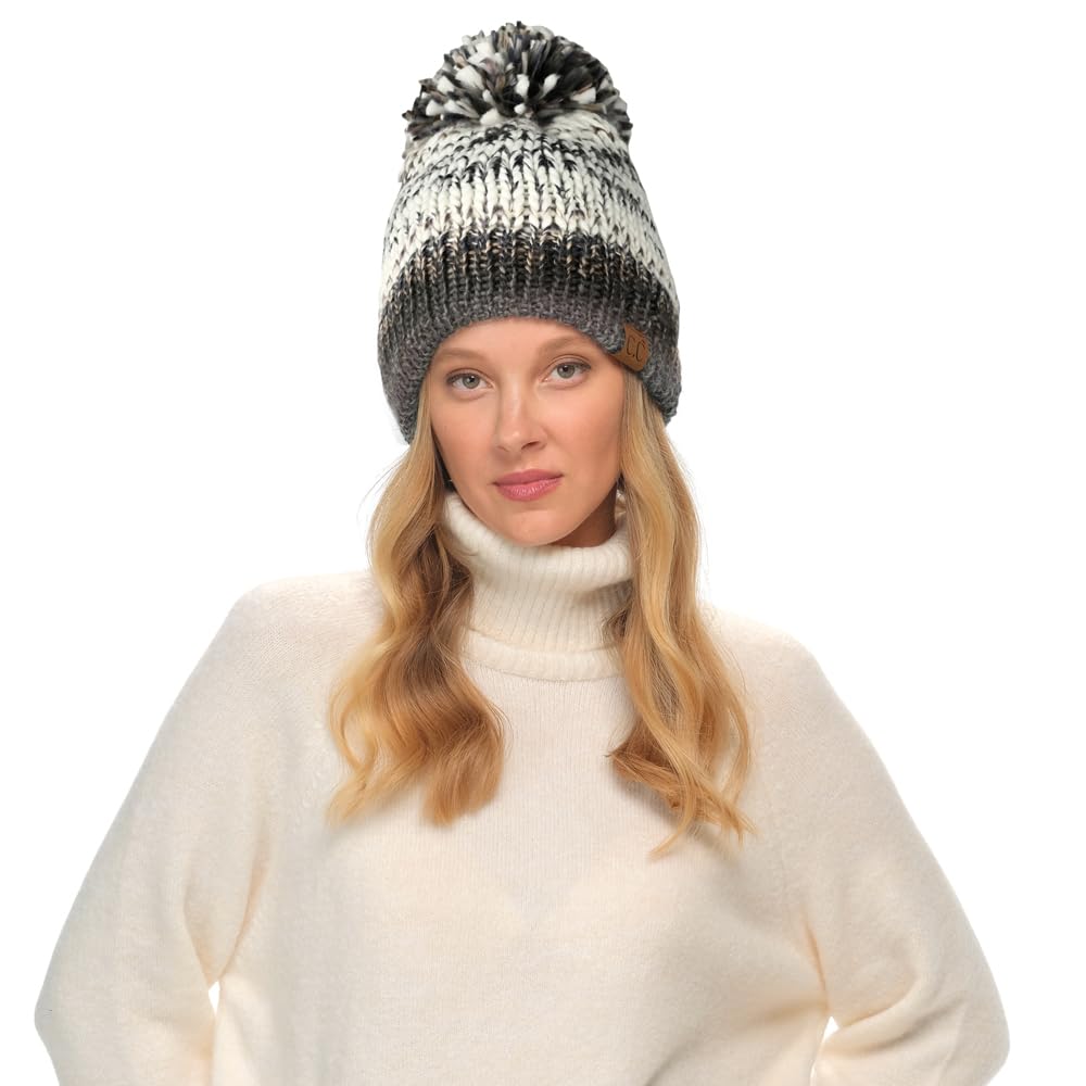 C.C Multi Color Yarn Beanie with Pom for Women Unisex - Acrylic Stretchable Soft Warm with Pom Knit Winter Skully Hat (Black/Grey Mix)