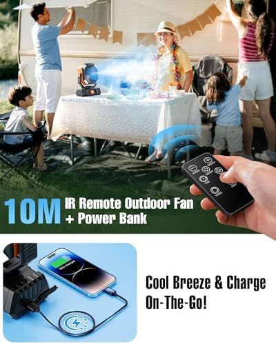 Misting Fan, Portable Outdoor Fans with Remote, 20000mAh Rechargeable Battery Portable Fan for Outdoors Patios, Camping Fans 270° Adjustable, Hanging & Lighting for Outdoor Indoor cooling