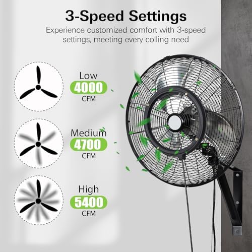 20" Outdoor Misting Wall Fan, 3-Speed High Velocity Industrial Outside Fan, Waterproof Wall Mount Oscillating for Patio Cooling - UL Listed Black