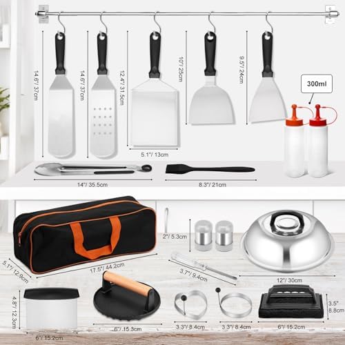 25Pcs Griddle Accessories Kit, Leonyo Flat Top Grill Accessories, Professional Griddle Tools with Enlarged Spatulas, Basting Cover, Metal Scraper, Smash Burger Press for Outdoor Barbecue