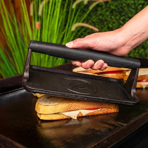 Blackstone 5553 Pre-Seasoned Cast Iron Griddle Press Medium Heavy Duty-Meat, Burger, Bacon, Steak, Panini, Sandwich, Sausage Heat Resistant Rubber Handle-10” x 5.5” (Rectangle), Black