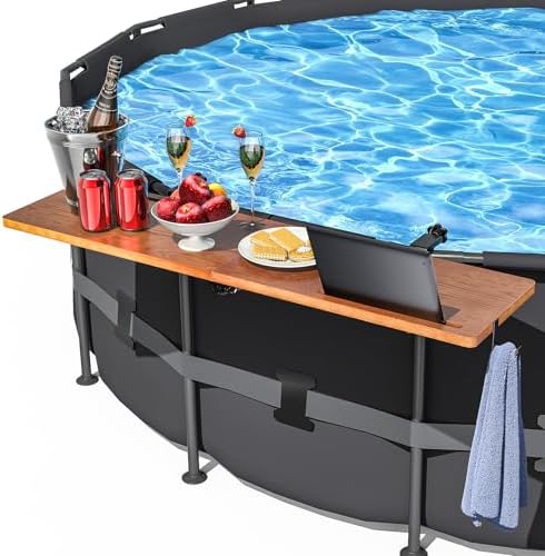 Above Ground Pool Bar Table, Acacia Solid Wood Foldable Poolside Bar, Fits Round or Oval Top Rail 3.7" or Less, Swim Up Bar Shelf Holds up to 110LBS, Frame Above Ground Pool Accessories