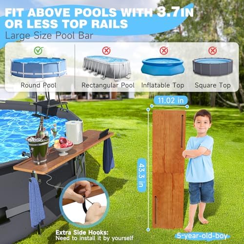 Above Ground Pool Bar Table, Acacia Solid Wood Foldable Poolside Bar, Fits Round or Oval Top Rail 3.7" or Less, Swim Up Bar Shelf Holds up to 110LBS, Frame Above Ground Pool Accessories