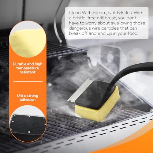 MEKER Grill Brush Bristle Free, Grill Cleaner Brush with 3 BBQ Replacement Head, Seamless Scraper Tool for Cast Iron, Stainless Steel Grates, Safe Grill Scraper Outdoor BBQ Grill, Black