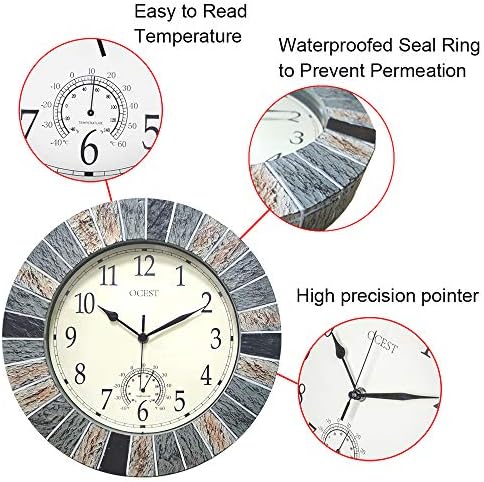 OCEST 13 Inch Large Outdoor Indoor Clock, Waterproof Wall Clock with Thermometer, Weather-Resistant Non-Ticking Battery Operated Decor for Patio, Pool, Lanai, Fence, Porch, Garden(Brown)