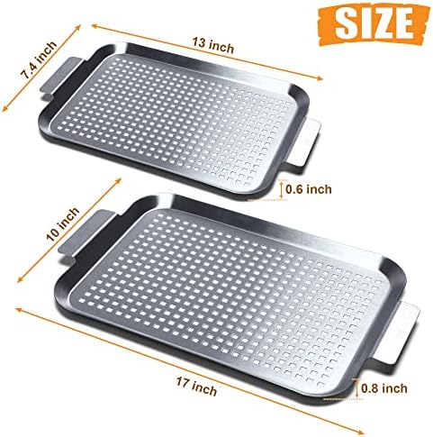 Grill Pan Set of 2, BBQ Grill Topper for Outdoor Grill, Stainless Steel Grilling Baskets with Holes and Handles, Perforated Food Tray Barbecue Accessories for Vegetable, Fish, Meat, Seafood