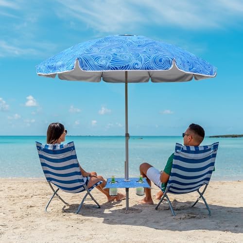 7ft Beach Umbrella with Built-in Table Tray,UPF 50+ beach umbrellas for sand heavy duty wind portable, Windproof Outdoor Shade Umbrella for Patio Garden