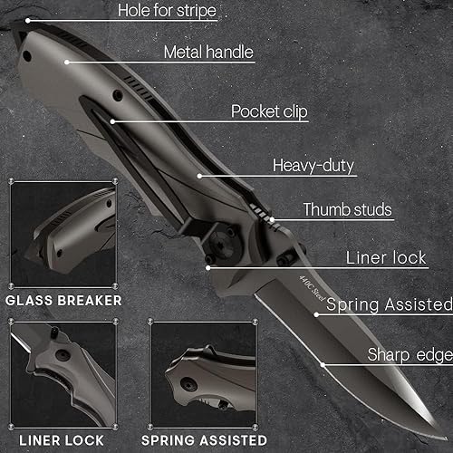 Grand Way Tactical Knife for Men - Black Pocket Knife - Best Spring Assisted Knife with Glass Breaker and Pocket Clip - Cool Folding Knives for Military Work Camping - Birthday Gifts for Dad 6495 B