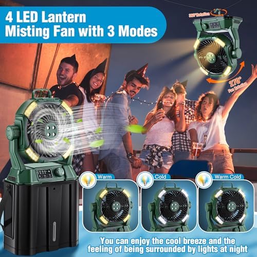 Portable Misting Fan,4 LED Lights&Stepless Speed Control & 4 Outlet Cooling Spray with 6L Bucket,Timer Function,Portable Handle,20000mAh Camping Fan for Patios/Fishing/Travel/Office Desk
