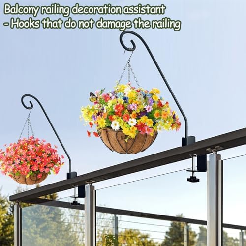 Heavy Duty Deck Hook,Courtyard Decoration,Pole 16.5”Long Metal Deck Railing Hooks for Hanging Bird Feeders,Planters,Suet Baskets,Lanterns,Wind Chimes,Clamp Mounted,Under 18 LBS