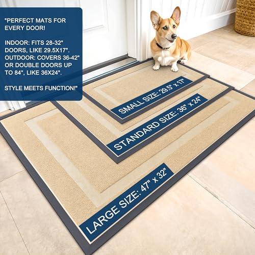 OLANLY Front Door Mat Indoor Outdoor Entrance, Waterproof All-Season, All-Weather Doormat, Sturdy Natural Rubber, Fade Resistant, Low Profile, Easy Clean Patio Porch Entryway Mat, 29.5x17, Beige