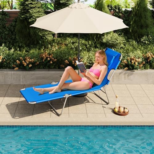 WLIVE Beach Chair for Adults, 4-Position Folding Tanning Chairs with Face Hole, 2 Legs Support Portable Outdoor Chair for Beach, Pool, Blue