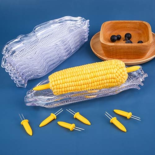 Elcoho 9 Pack Plastic Corn Trays Transparent Corn Dishes with 18 Pieces Stainless Steel Corn Holders on the Cob Skewers Cob Dinnerware