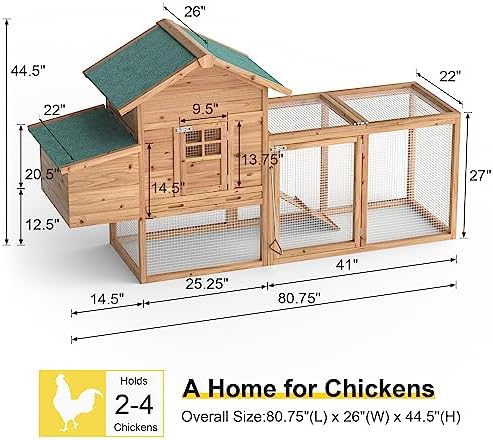 GOJOOASIS 80" Chicken Coop for 2-4 Chickens Outdoor Wooden Hen House Poultry Pet Hutch for Backyard w/Run Cage & Nesting Box(A)