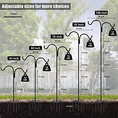 Gtongoko Double Shepherds Hook for Outdoor, 76 Inch Bird Feeder Pole with 5 Prongs Base, 5/8 Inch Thick Heavy Duty Adjustable Garden Hook for Hanging Plant, Lantern, Hummingbird Feeder, 1 Pack