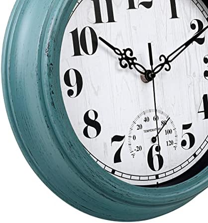 zyzamay 12 Inch Indoor Outdoor Clocks,Waterproof Wall Clock with Thermometer,Easy to Read,Non-Ticking Battery Operated Quality Quartz Clock, Decorative for Patio,Porch,Pool,Bathroom,Deck(Green)