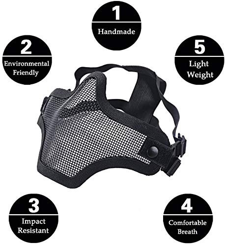 LAOSGE Airsoft Mask,Mesh Half Face Full Black Set with UV 400 Anti Fog Goggles