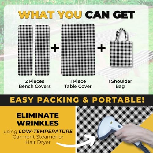 RNOONY Vinyl Fitted Picnic Table Cover with Bench Covers and Bag, 6ft Outdoor Waterproof Windproof Tablecloth with Elastic Edges. Camping RV Gear Campers Must Have 72x30 Inches 4 Pcs Set (Black)