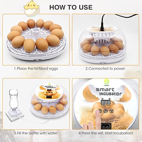 Incubators for Hatching Eggs, 12 Egg Incubator with Automatic Egg Turning and Temperature Control, Automatic Water Adding, LED Egg Candler, for Hatching Duck, Quail, Goose Eggs (White)