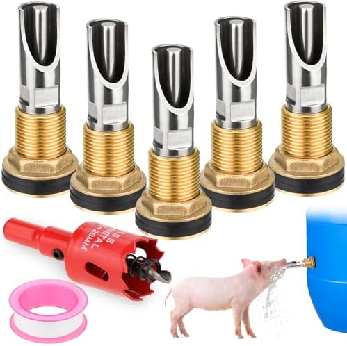 Pig Nipple Waterer, 5 Pcs Stainless Steel Automatic Hog Drinker Feeder Kit for Barrel with Brass Water Tank Connector Bulkhead Fitting for Hog Piglets Goat Waterering System